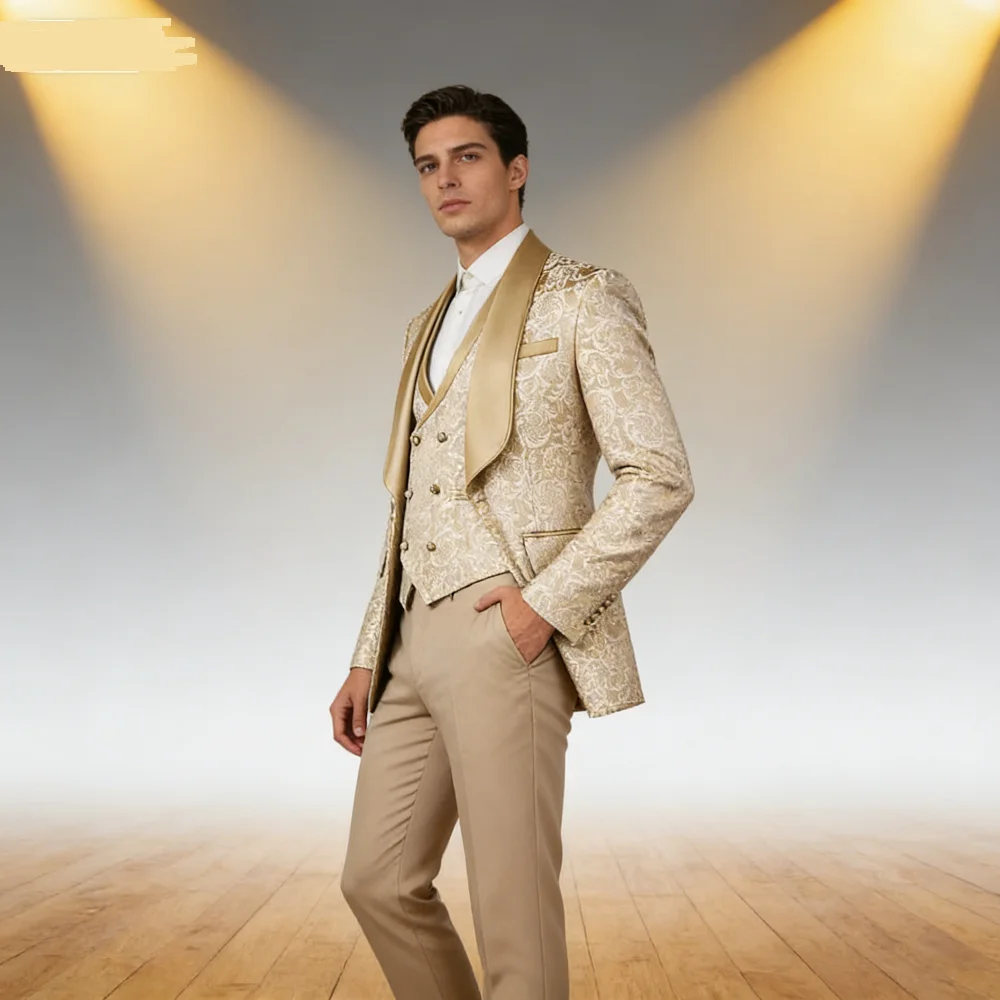 Champagne Jacquard 3-Piece Men's Formal Smoking Suit with Shaw Lapel Blazer Set for Groom Wedding Best Man Tuxedos for Party