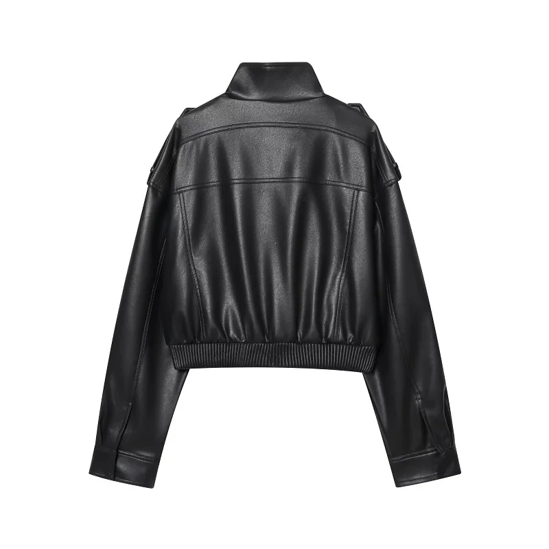 MUJER Faux Leather Cropped Jacket Women Bomber Demi-season Jackets for Women Long Sleeve Women's Coats Zip Overcoat Jacket Women