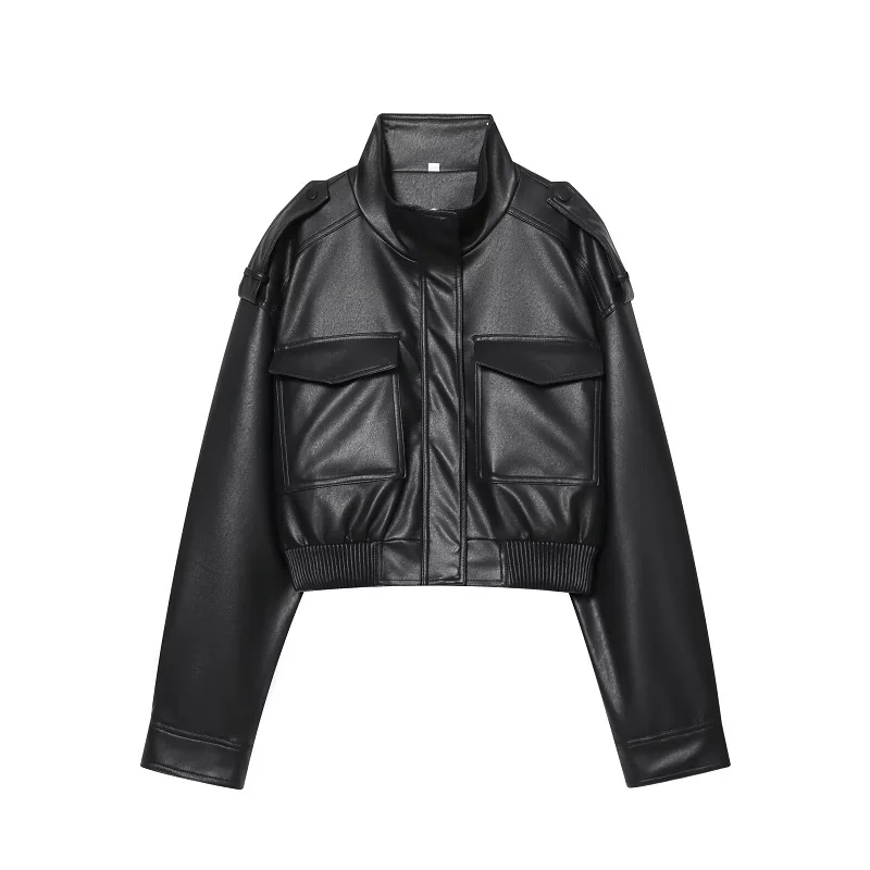 MUJER Faux Leather Cropped Jacket Women Bomber Demi-season Jackets for Women Long Sleeve Women's Coats Zip Overcoat Jacket Women
