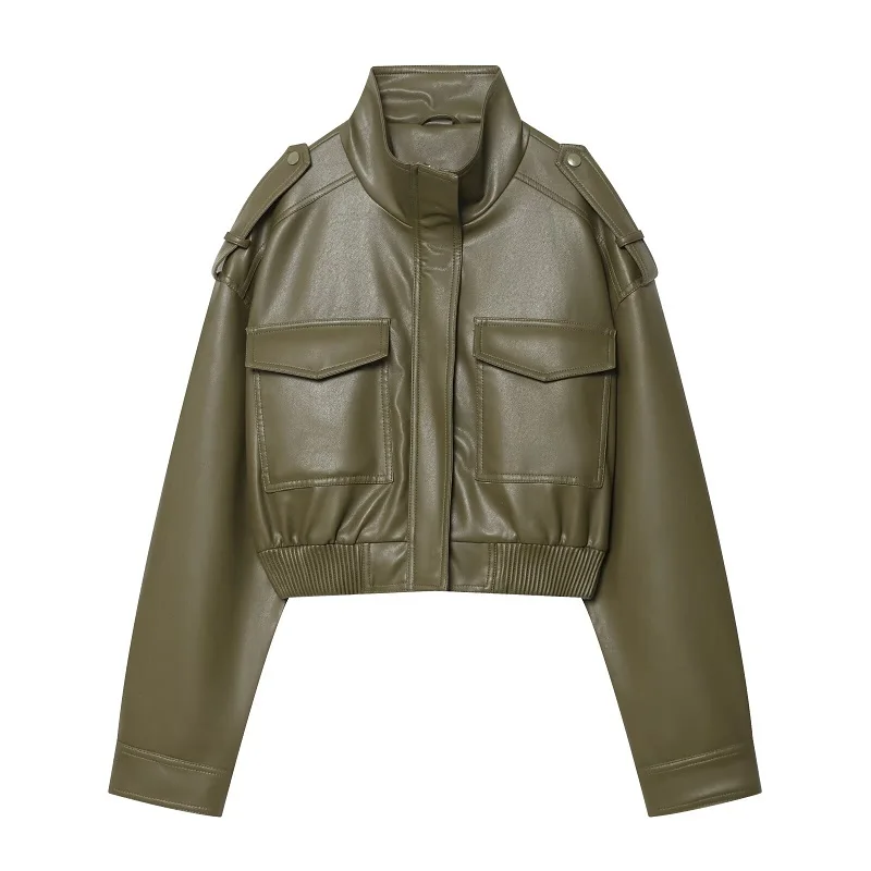 MUJER Faux Leather Cropped Jacket Women Bomber Demi-season Jackets for Women Long Sleeve Women's Coats Zip Overcoat Jacket Women