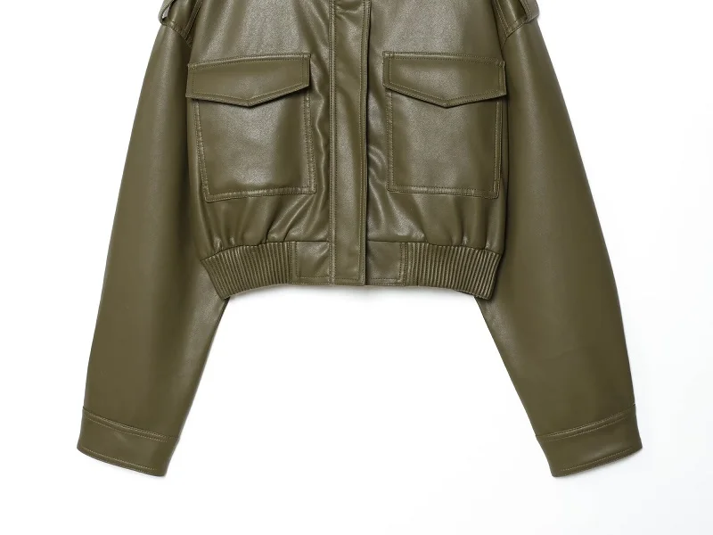 MUJER Faux Leather Cropped Jacket Women Bomber Demi-season Jackets for Women Long Sleeve Women's Coats Zip Overcoat Jacket Women
