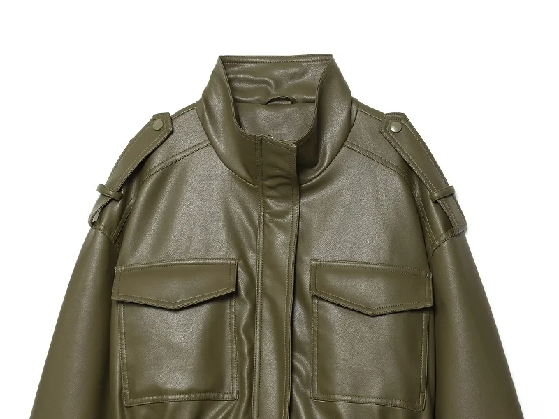 MUJER Faux Leather Cropped Jacket Women Bomber Demi-season Jackets for Women Long Sleeve Women's Coats Zip Overcoat Jacket Women