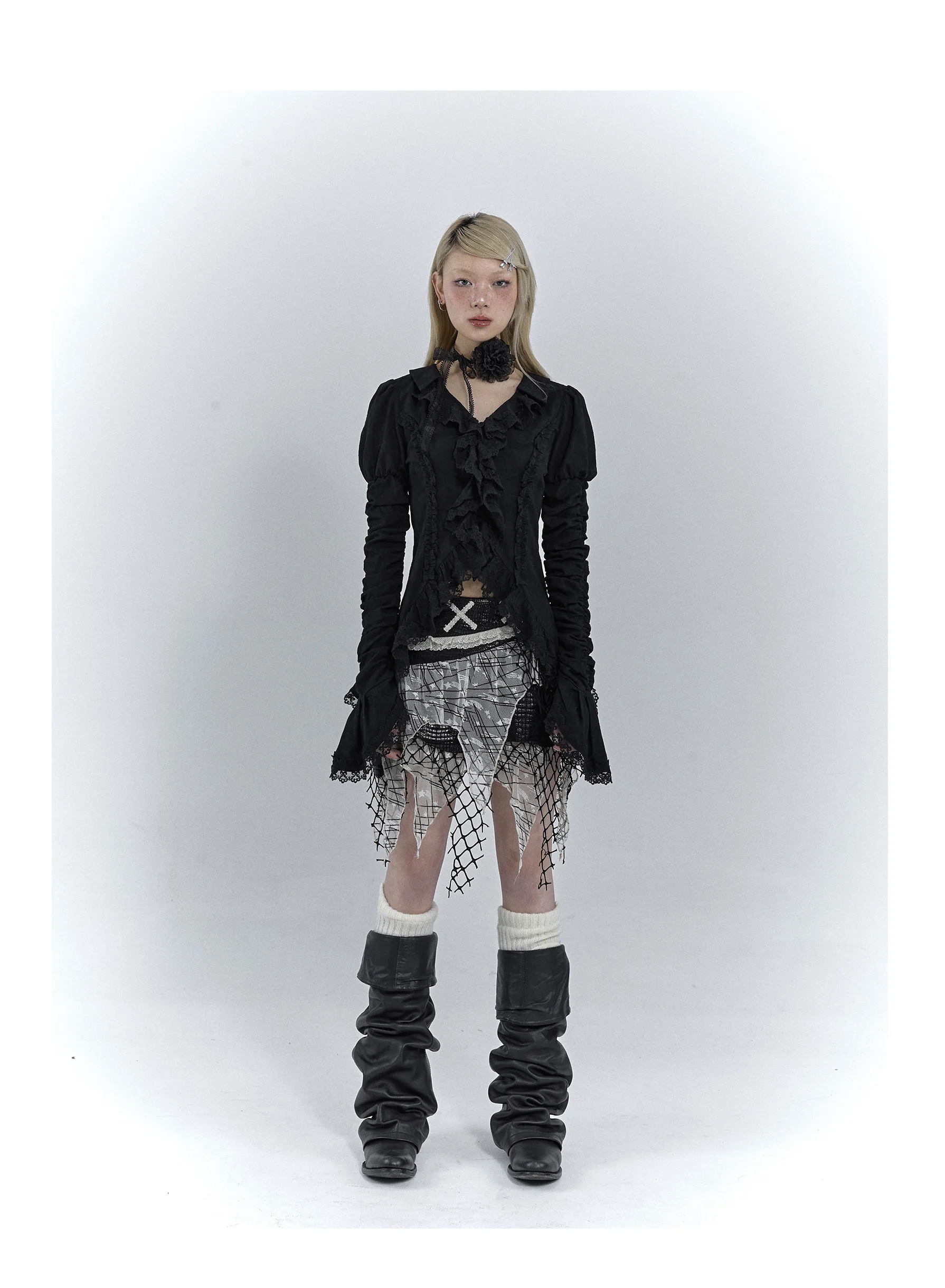 Karrcat Gothic Black Lace Shirt Dark Aesthetic Irregular Blouses Yamamoto Style Grunge Flare Sleeve V-neck Shirt Vintage Y2k Emo