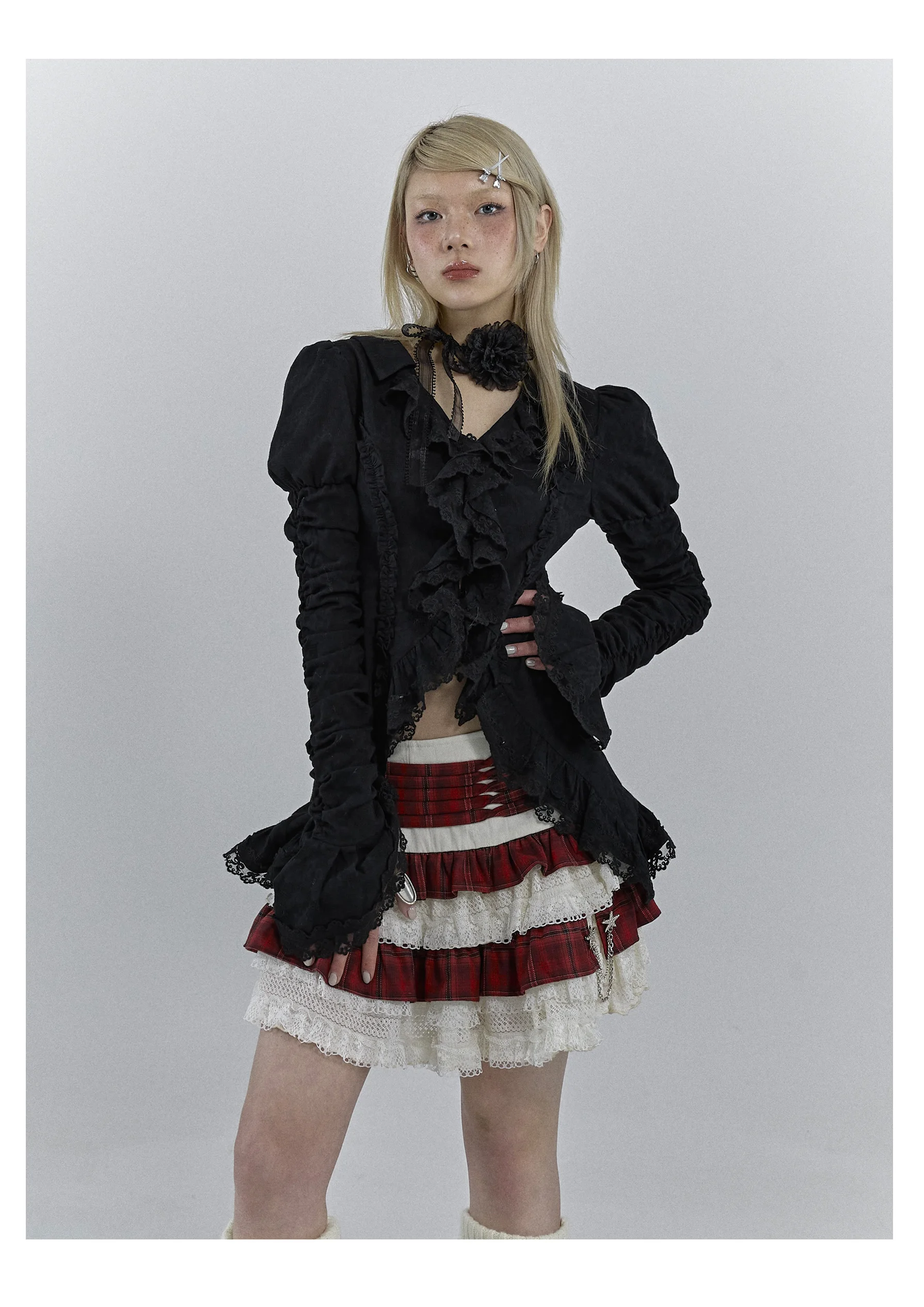Karrcat Gothic Black Lace Shirt Dark Aesthetic Irregular Blouses Yamamoto Style Grunge Flare Sleeve V-neck Shirt Vintage Y2k Emo