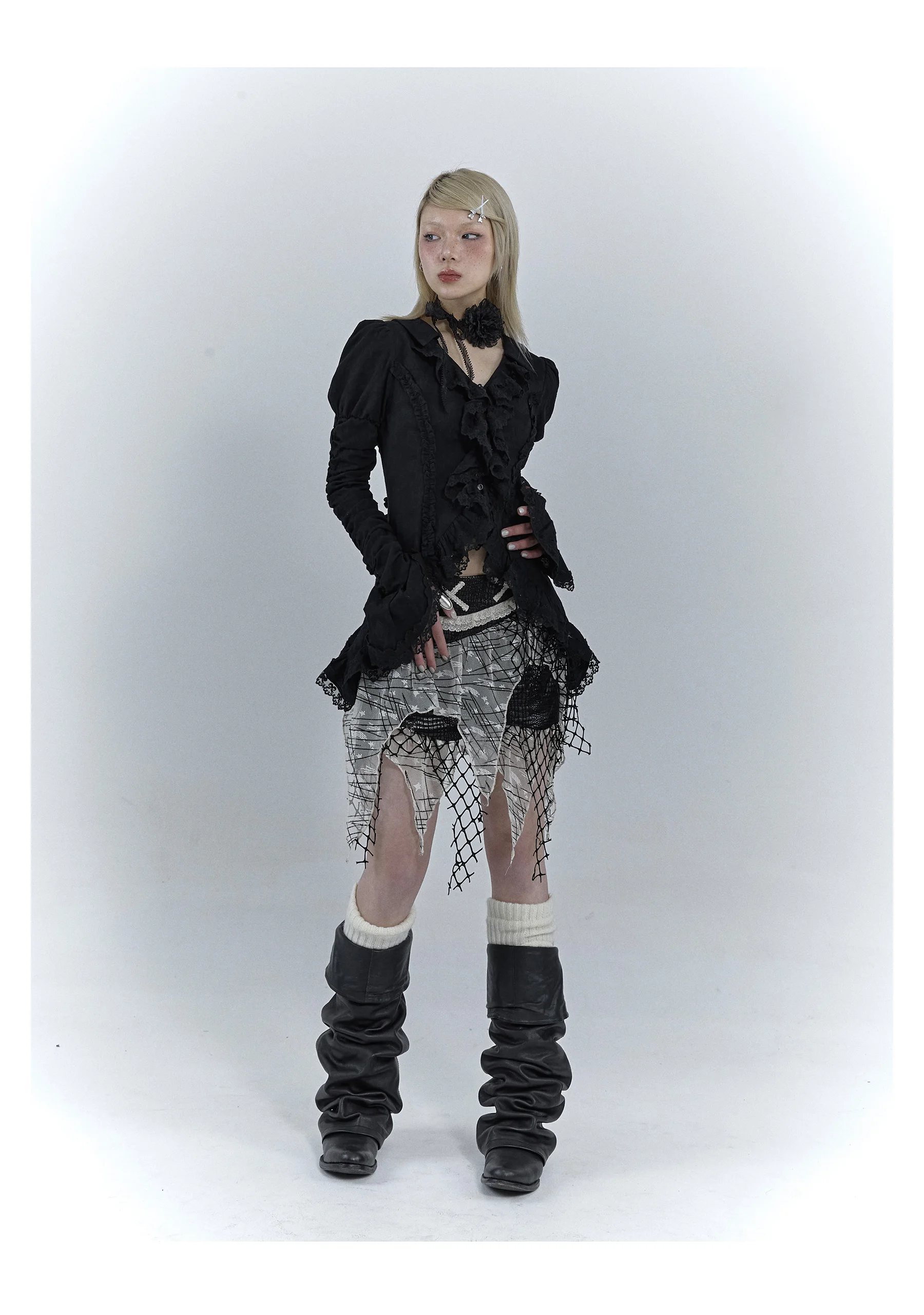 Karrcat Gothic Black Lace Shirt Dark Aesthetic Irregular Blouses Yamamoto Style Grunge Flare Sleeve V-neck Shirt Vintage Y2k Emo