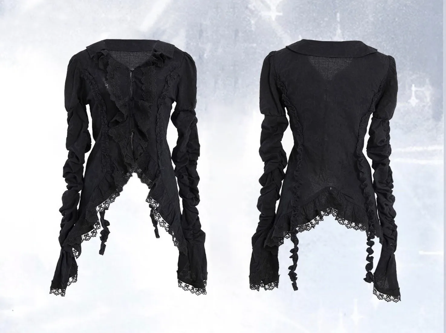 Karrcat Gothic Black Lace Shirt Dark Aesthetic Irregular Blouses Yamamoto Style Grunge Flare Sleeve V-neck Shirt Vintage Y2k Emo