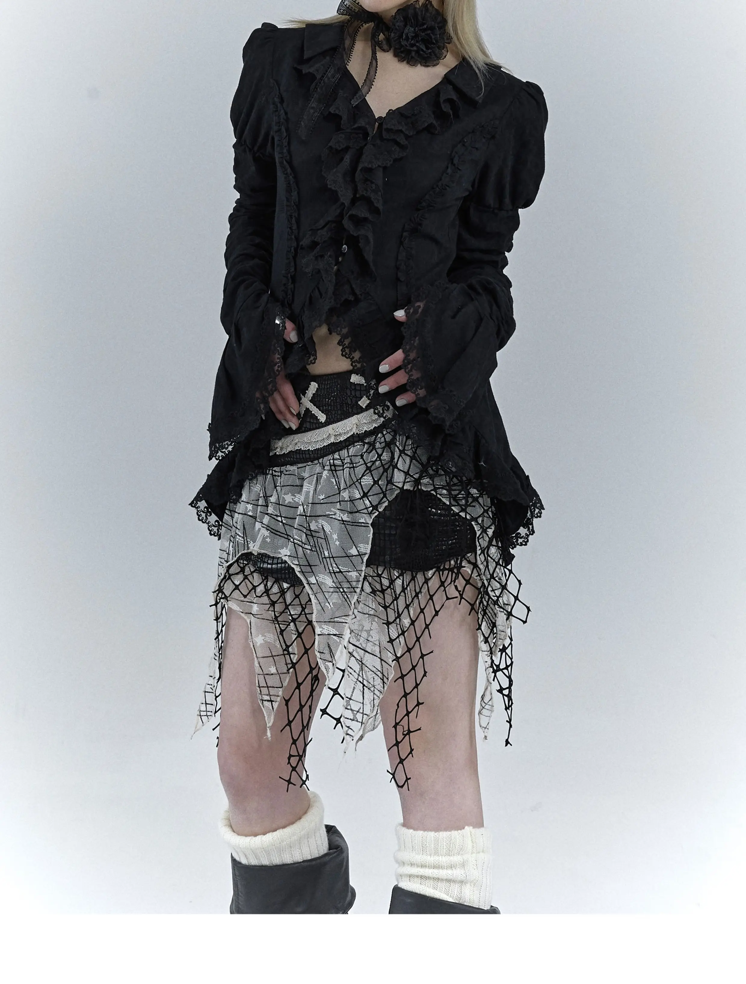 Karrcat Gothic Black Lace Shirt Dark Aesthetic Irregular Blouses Yamamoto Style Grunge Flare Sleeve V-neck Shirt Vintage Y2k Emo