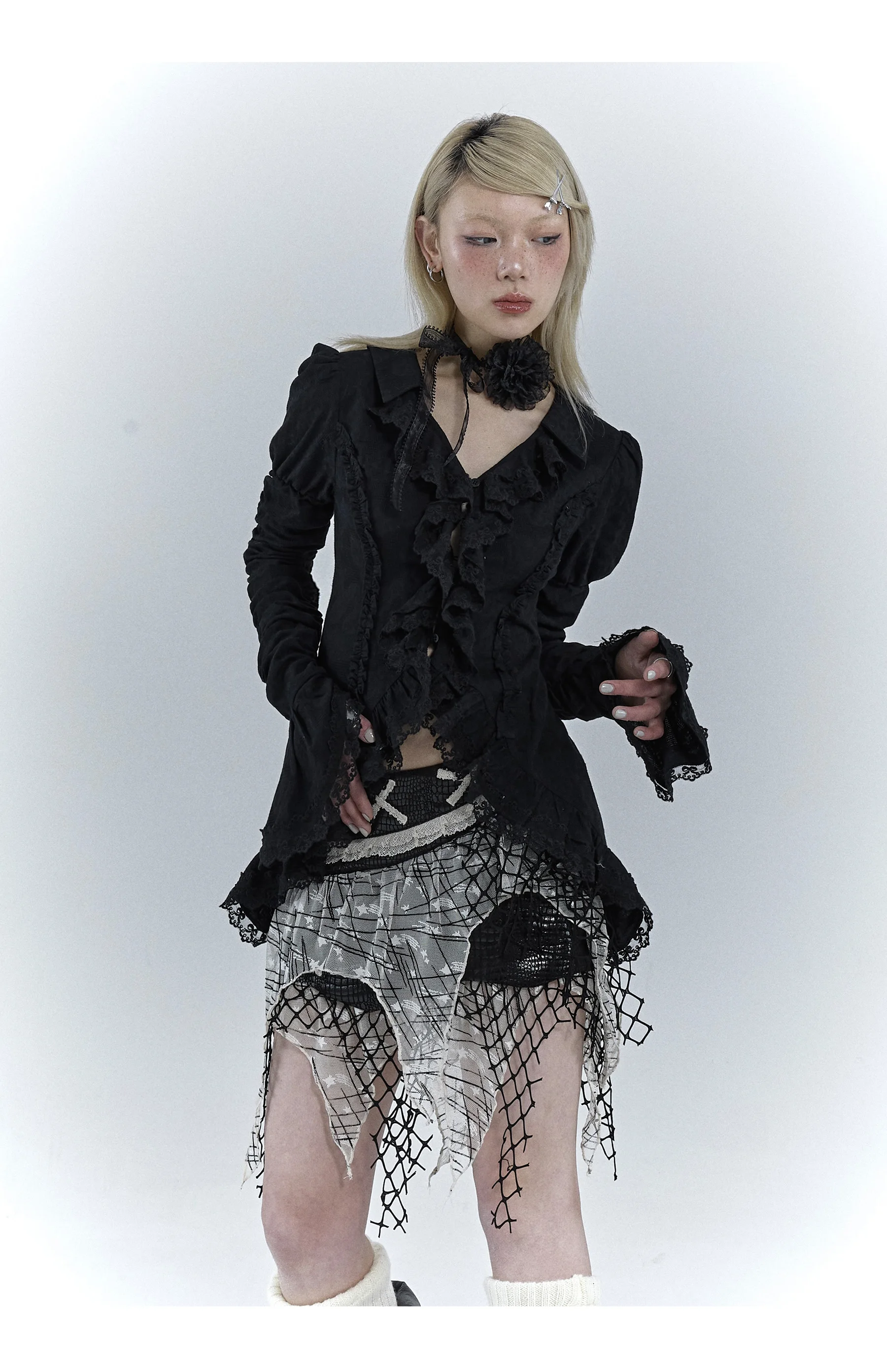 Karrcat Gothic Black Lace Shirt Dark Aesthetic Irregular Blouses Yamamoto Style Grunge Flare Sleeve V-neck Shirt Vintage Y2k Emo