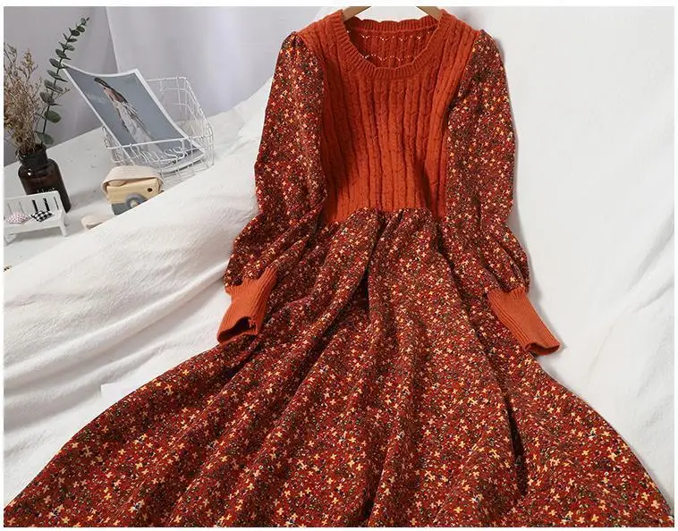 2026 Autumn Winter New Korean Patchwork Bandage Long Sleeved Knitted Dress Women's Fashion Slim Sweet Corduroy Flower Dresses