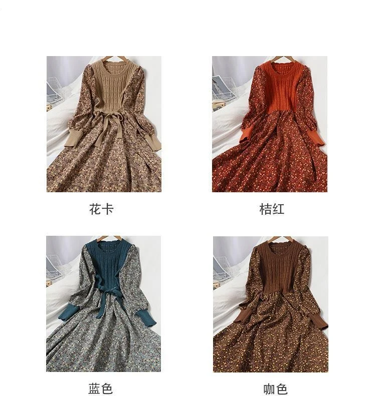 2026 Autumn Winter New Korean Patchwork Bandage Long Sleeved Knitted Dress Women's Fashion Slim Sweet Corduroy Flower Dresses