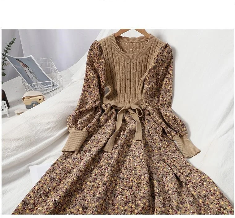 2026 Autumn Winter New Korean Patchwork Bandage Long Sleeved Knitted Dress Women's Fashion Slim Sweet Corduroy Flower Dresses