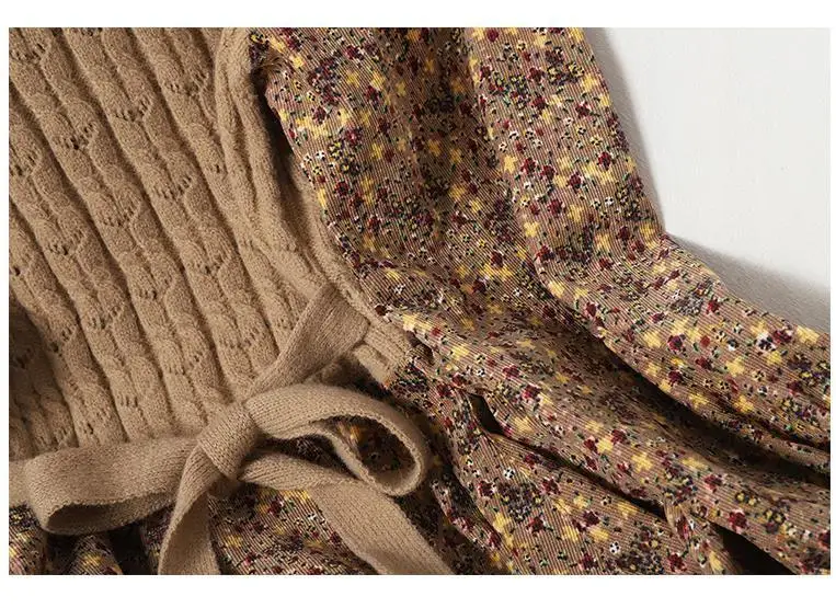 2026 Autumn Winter New Korean Patchwork Bandage Long Sleeved Knitted Dress Women's Fashion Slim Sweet Corduroy Flower Dresses
