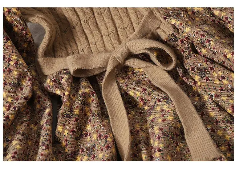 2026 Autumn Winter New Korean Patchwork Bandage Long Sleeved Knitted Dress Women's Fashion Slim Sweet Corduroy Flower Dresses
