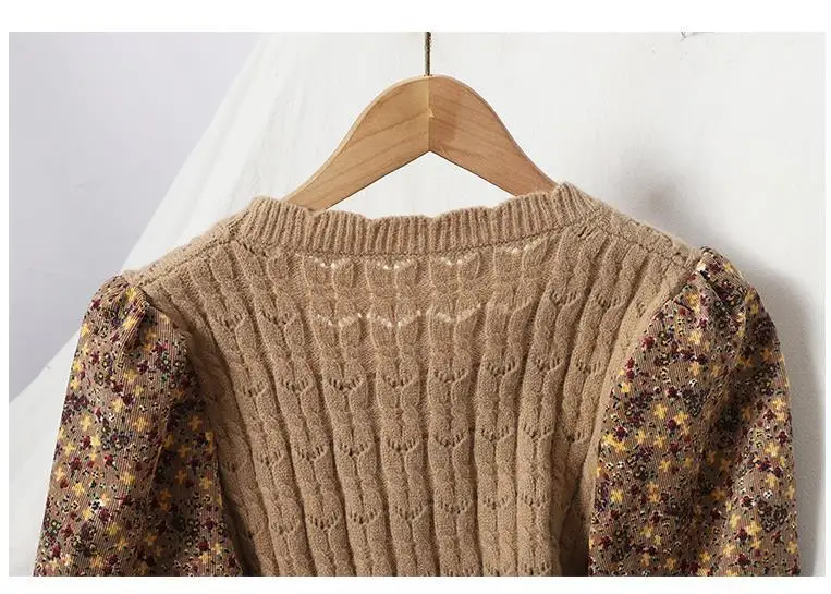 2026 Autumn Winter New Korean Patchwork Bandage Long Sleeved Knitted Dress Women's Fashion Slim Sweet Corduroy Flower Dresses