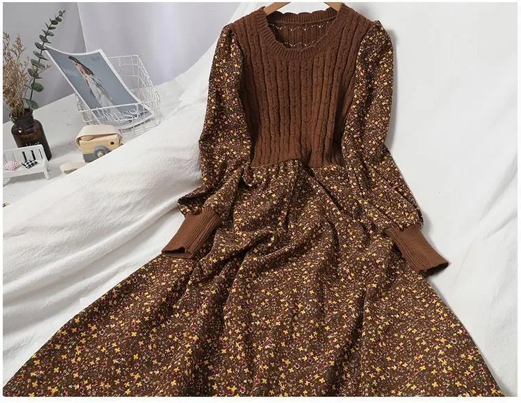 2026 Autumn Winter New Korean Patchwork Bandage Long Sleeved Knitted Dress Women's Fashion Slim Sweet Corduroy Flower Dresses