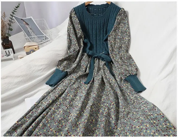 2026 Autumn Winter New Korean Patchwork Bandage Long Sleeved Knitted Dress Women's Fashion Slim Sweet Corduroy Flower Dresses