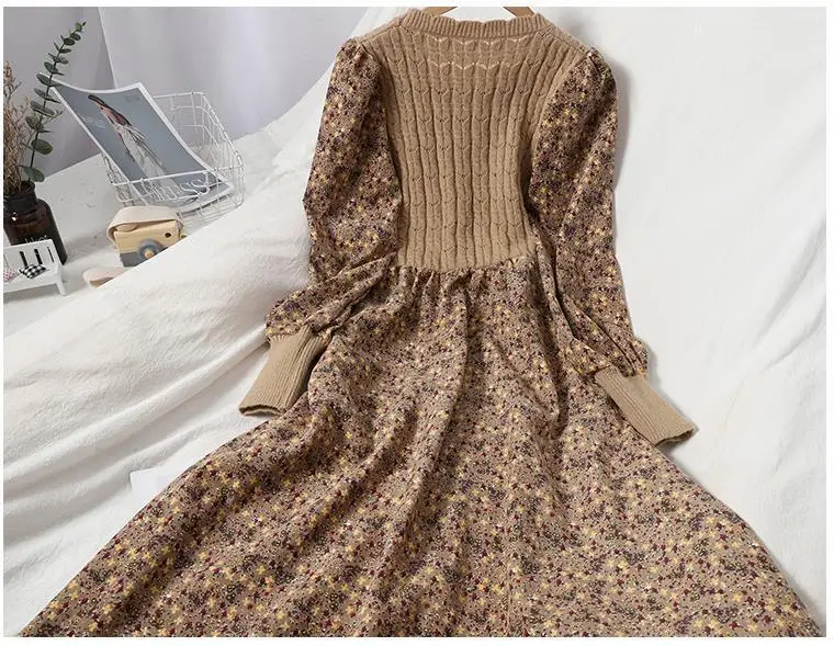 2026 Autumn Winter New Korean Patchwork Bandage Long Sleeved Knitted Dress Women's Fashion Slim Sweet Corduroy Flower Dresses
