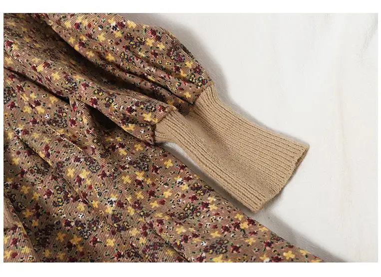 2026 Autumn Winter New Korean Patchwork Bandage Long Sleeved Knitted Dress Women's Fashion Slim Sweet Corduroy Flower Dresses