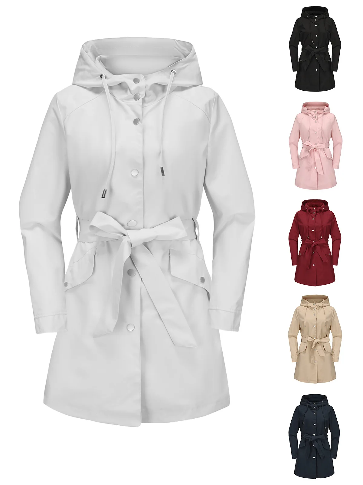 Spring Autumn New Hooded Water-repellent Jacket with Belt Thin Casual Loose Trench Coat Women Windbreaker