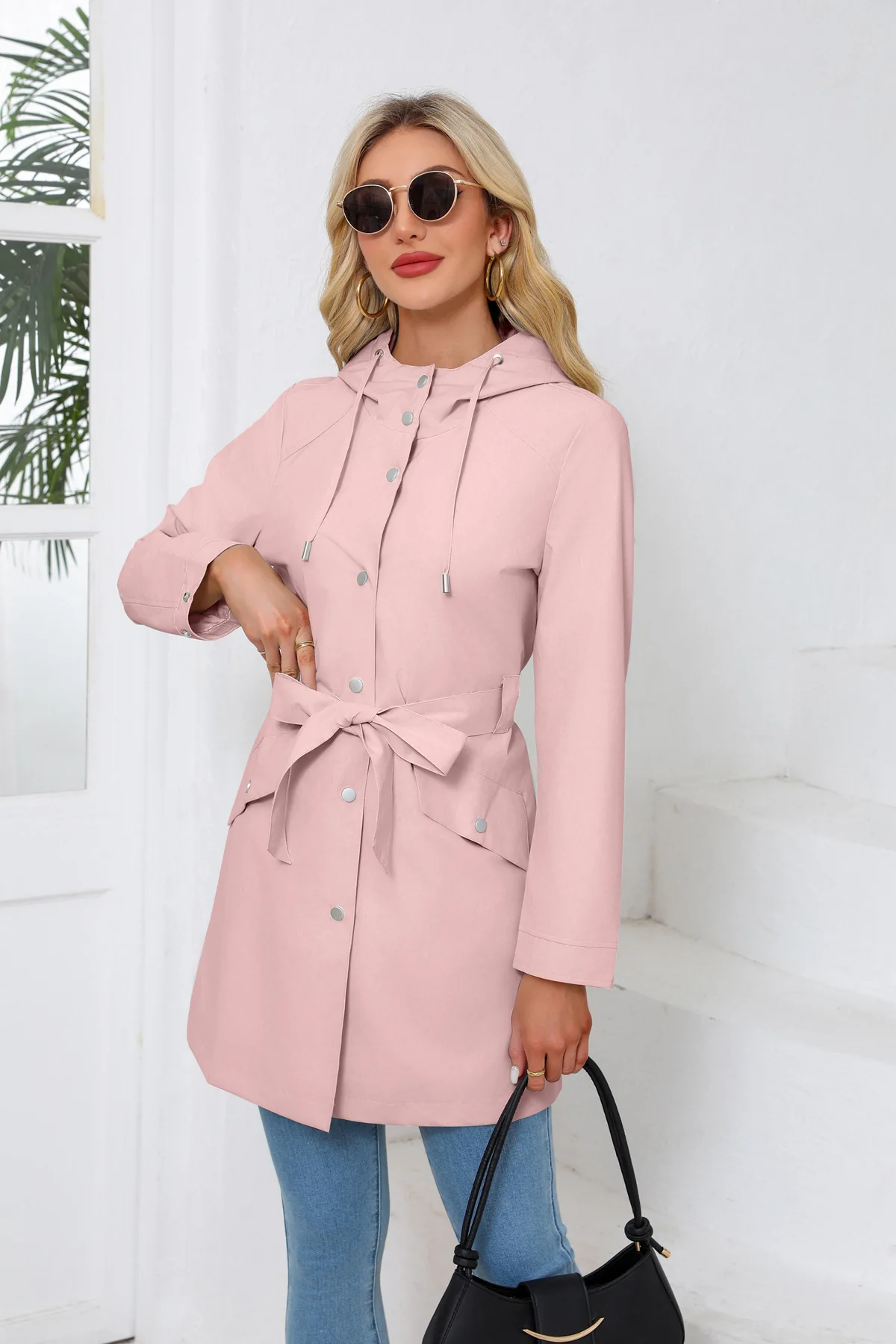 Spring Autumn New Hooded Water-repellent Jacket with Belt Thin Casual Loose Trench Coat Women Windbreaker