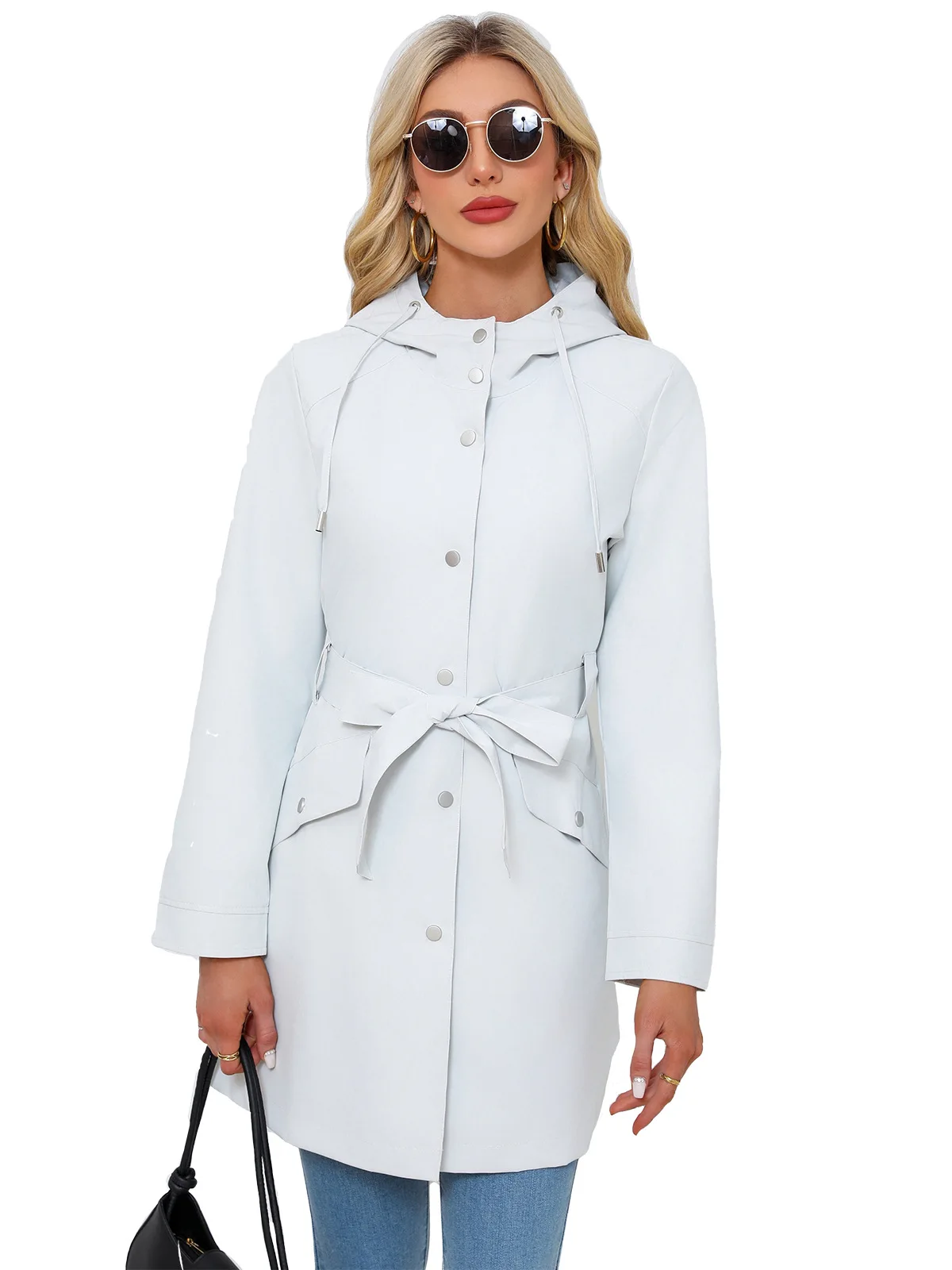 Spring Autumn New Hooded Water-repellent Jacket with Belt Thin Casual Loose Trench Coat Women Windbreaker