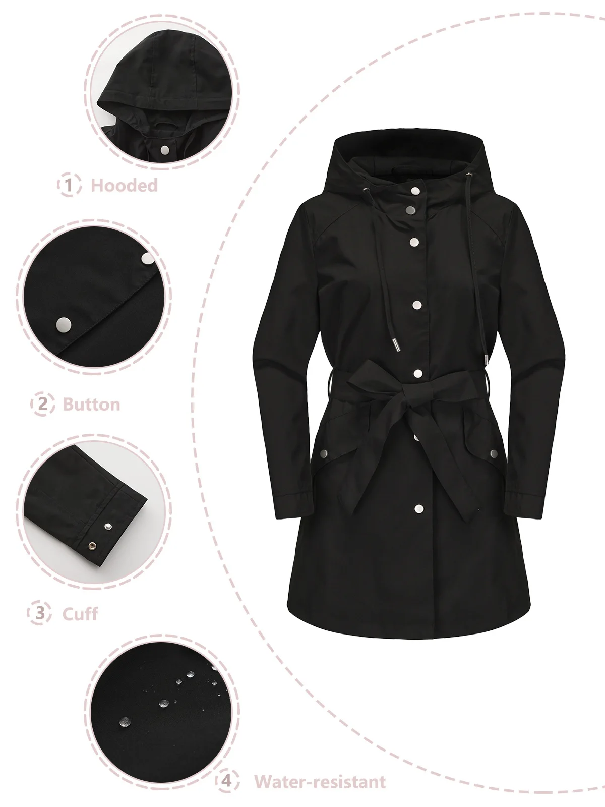 Spring Autumn New Hooded Water-repellent Jacket with Belt Thin Casual Loose Trench Coat Women Windbreaker