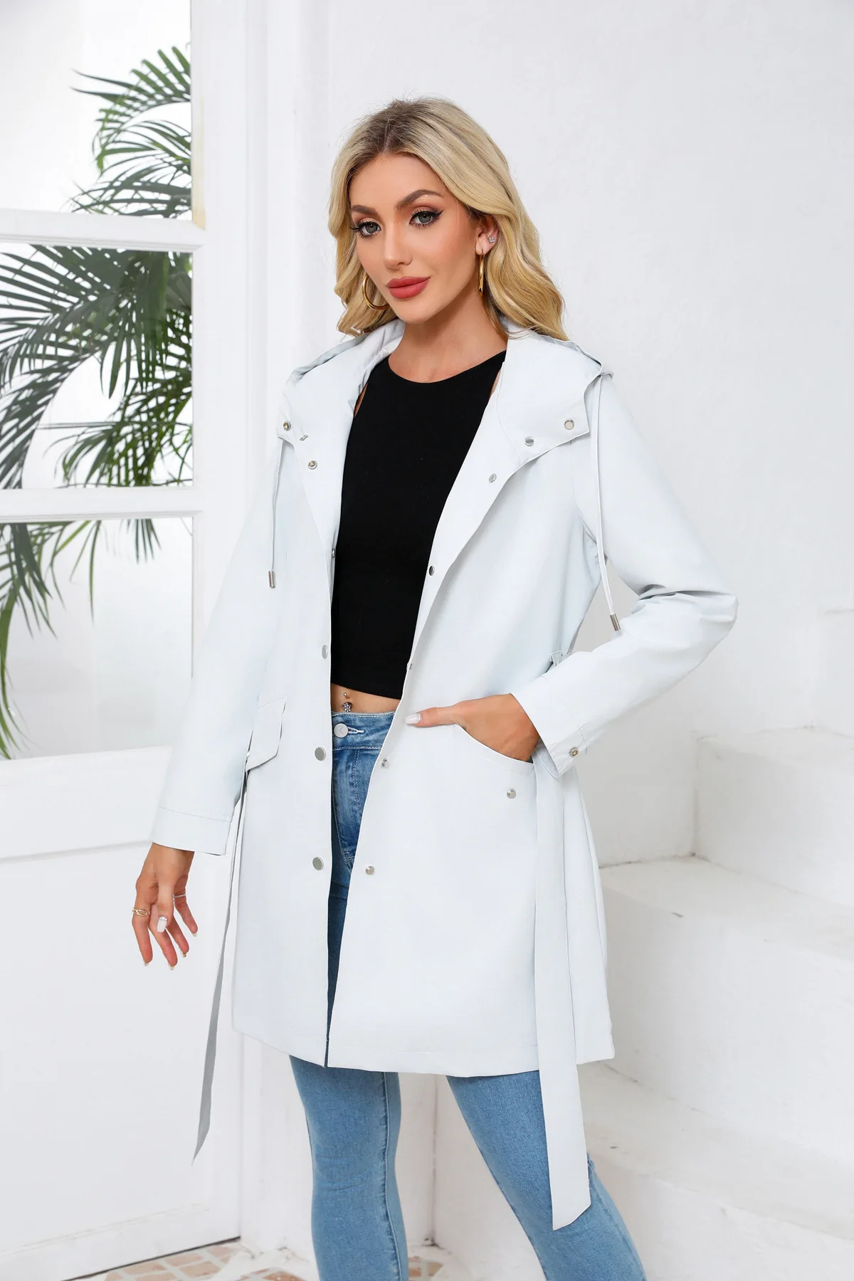 Spring Autumn New Hooded Water-repellent Jacket with Belt Thin Casual Loose Trench Coat Women Windbreaker