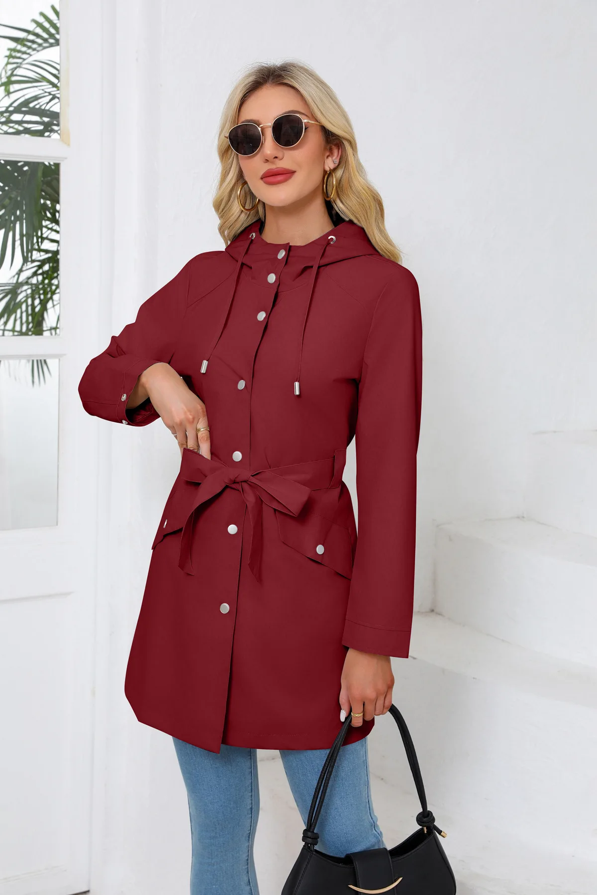 Spring Autumn New Hooded Water-repellent Jacket with Belt Thin Casual Loose Trench Coat Women Windbreaker