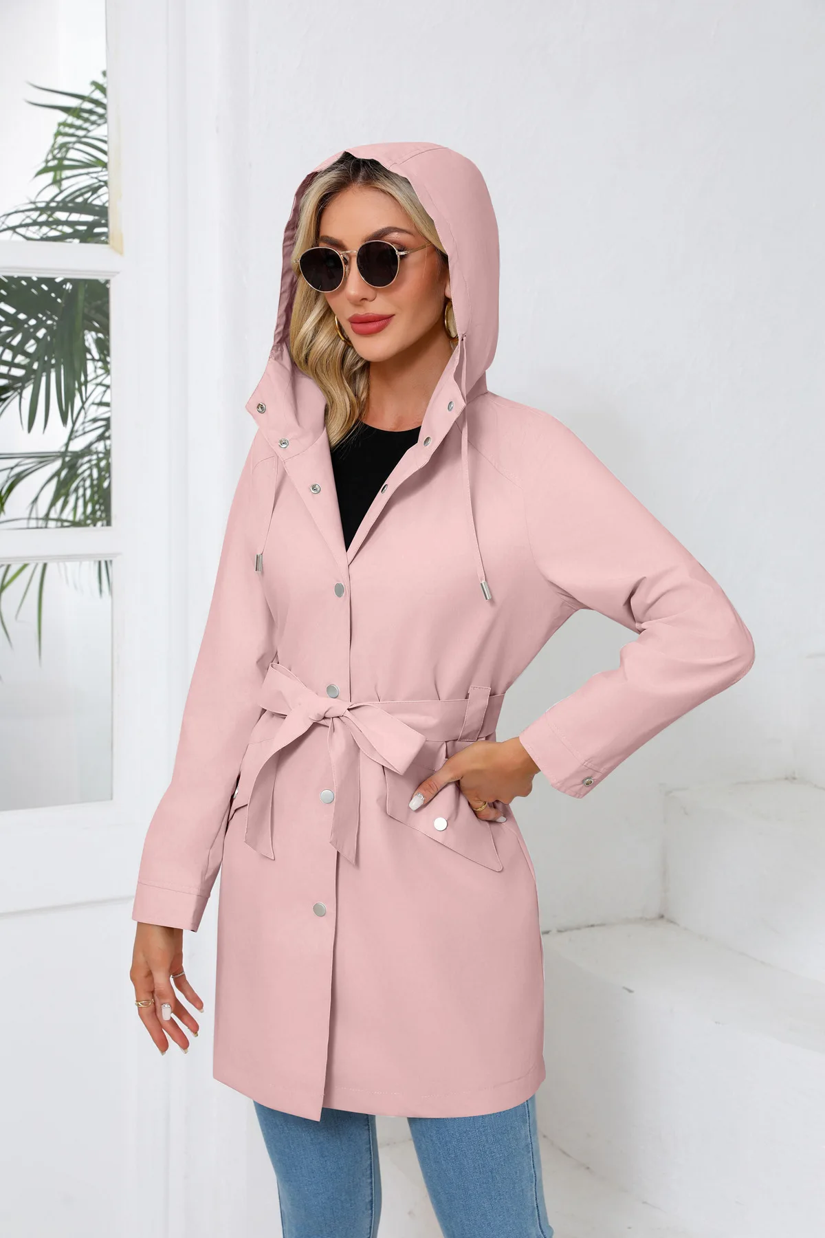 Spring Autumn New Hooded Water-repellent Jacket with Belt Thin Casual Loose Trench Coat Women Windbreaker