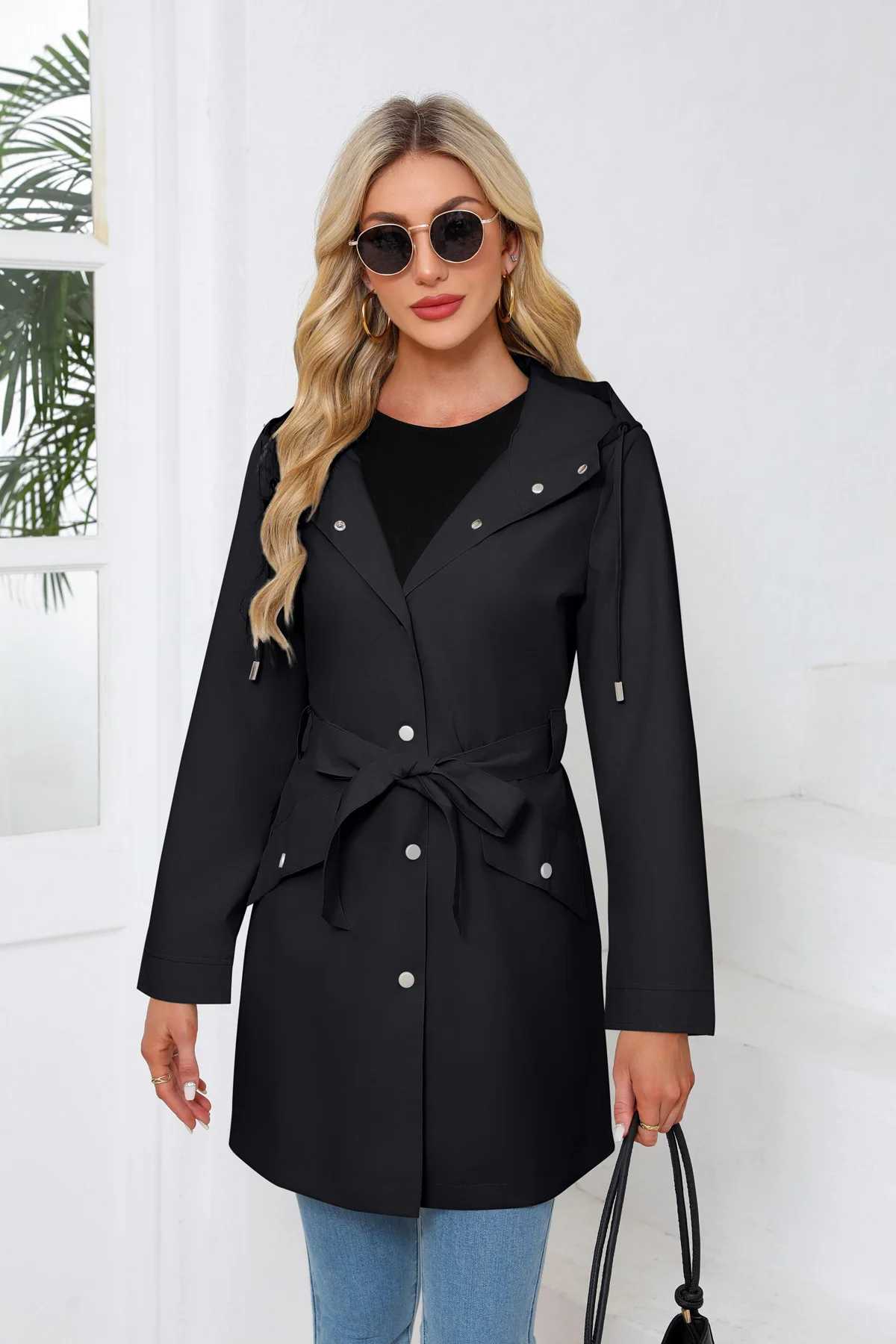 Spring Autumn New Hooded Water-repellent Jacket with Belt Thin Casual Loose Trench Coat Women Windbreaker