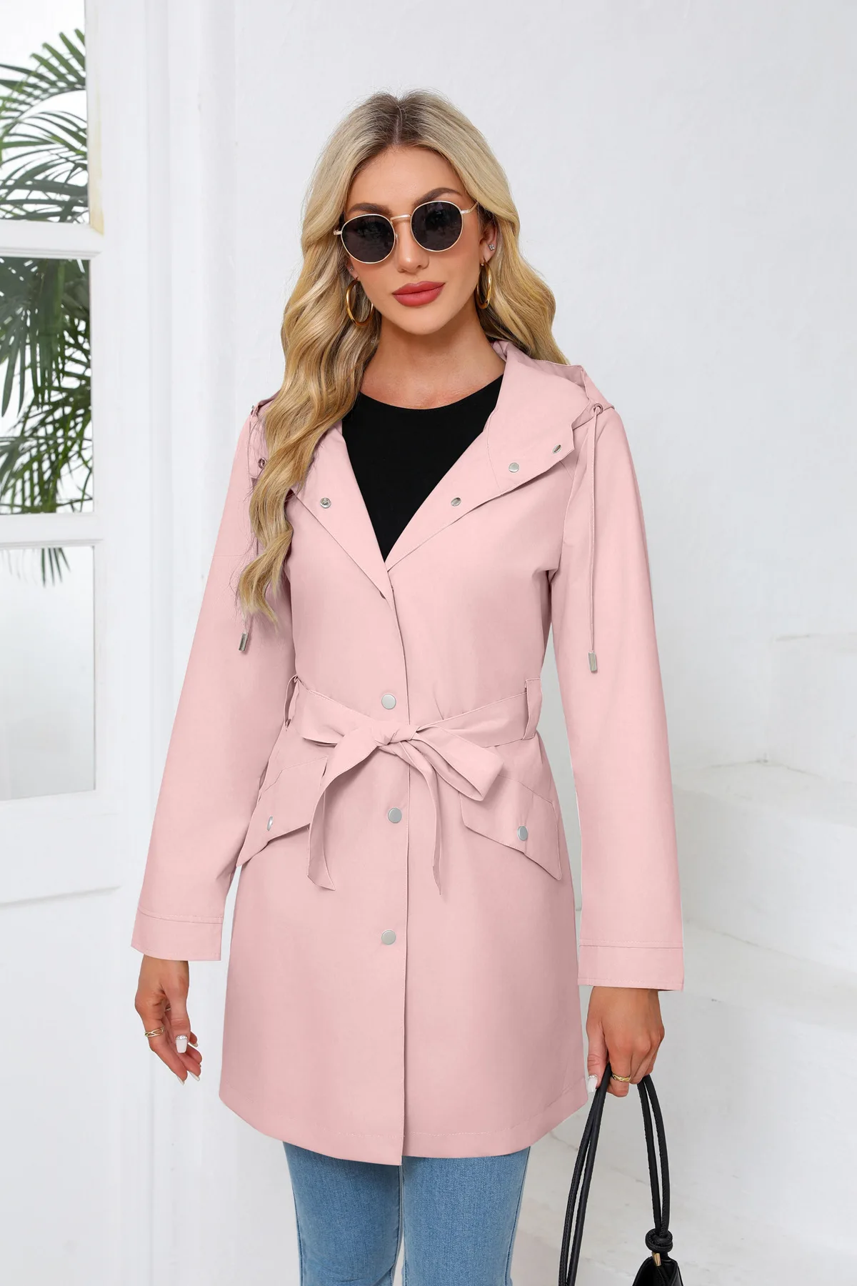 Spring Autumn New Hooded Water-repellent Jacket with Belt Thin Casual Loose Trench Coat Women Windbreaker