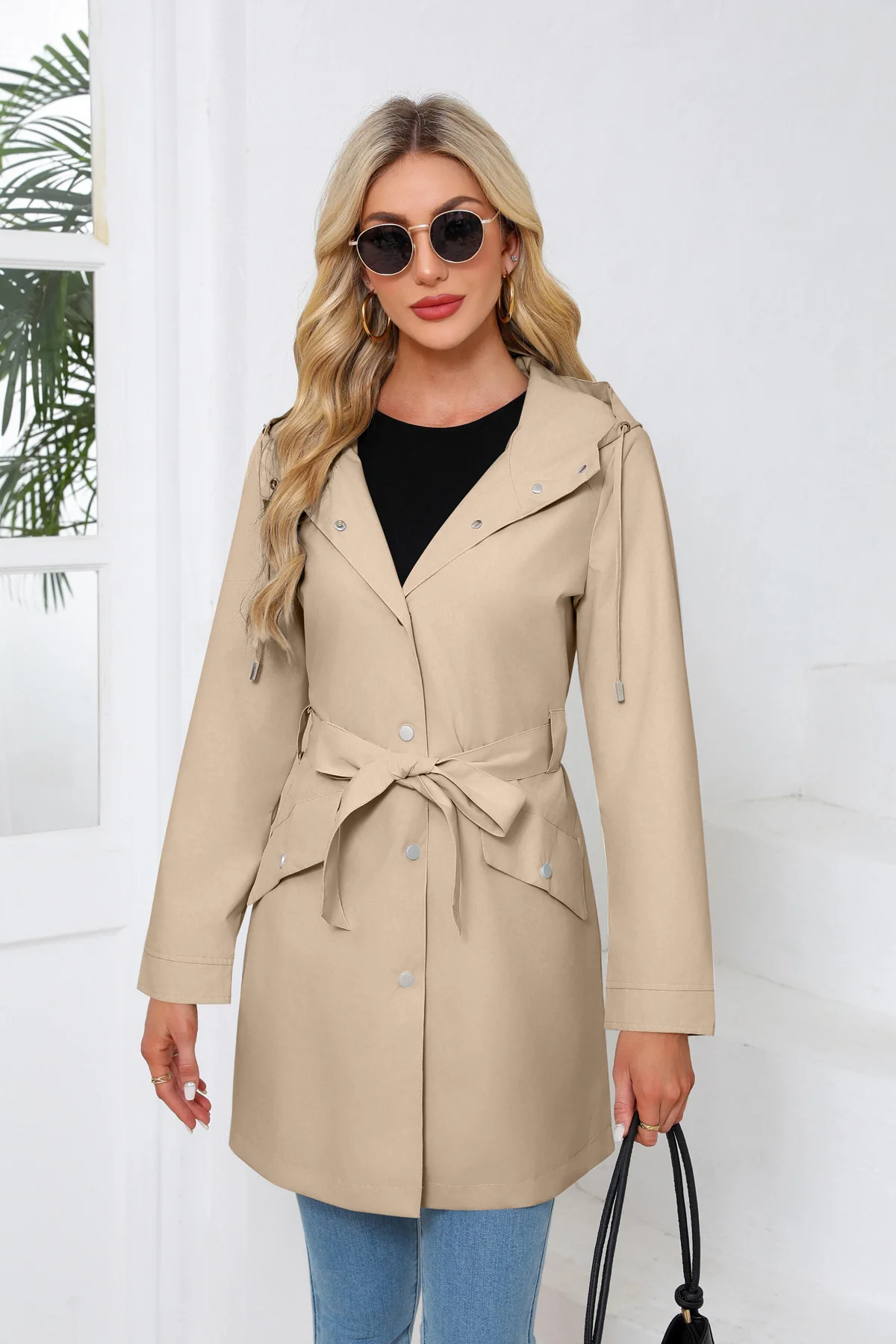 Spring Autumn New Hooded Water-repellent Jacket with Belt Thin Casual Loose Trench Coat Women Windbreaker