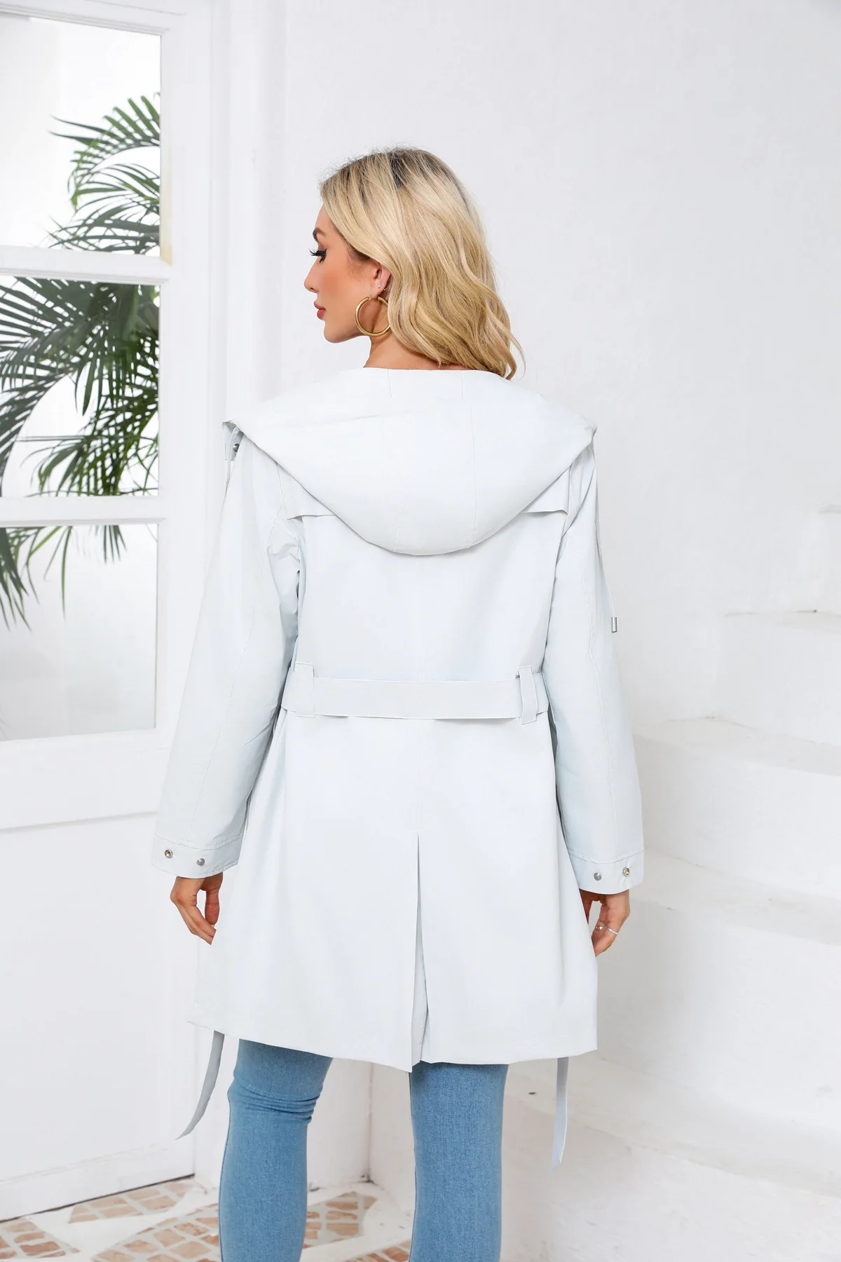 Spring Autumn New Hooded Water-repellent Jacket with Belt Thin Casual Loose Trench Coat Women Windbreaker