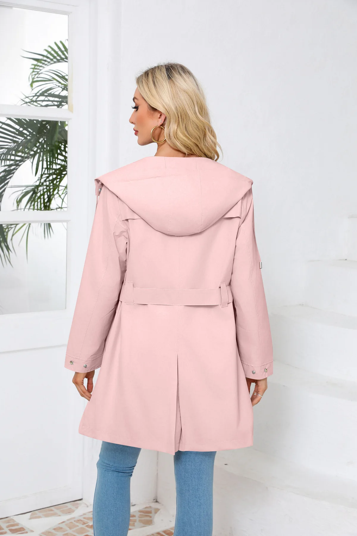 Spring Autumn New Hooded Water-repellent Jacket with Belt Thin Casual Loose Trench Coat Women Windbreaker
