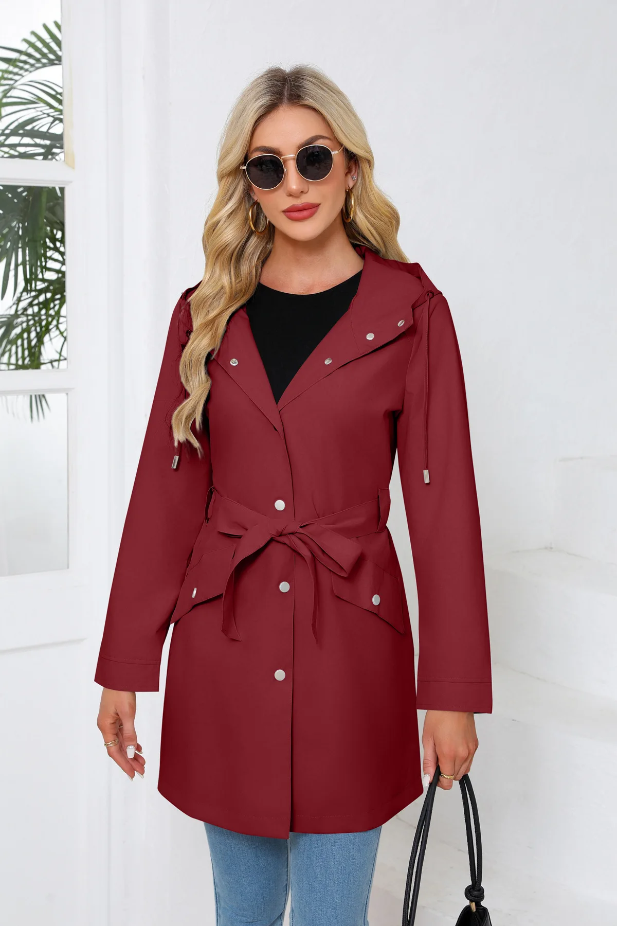 Spring Autumn New Hooded Water-repellent Jacket with Belt Thin Casual Loose Trench Coat Women Windbreaker