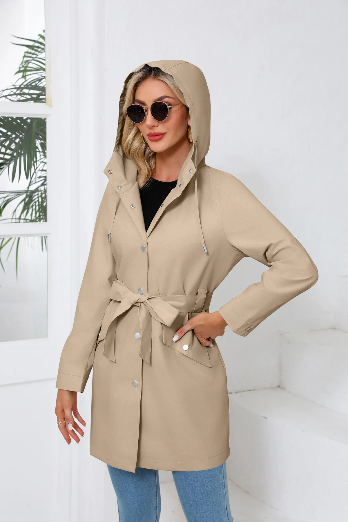 Spring Autumn New Hooded Water-repellent Jacket with Belt Thin Casual Loose Trench Coat Women Windbreaker
