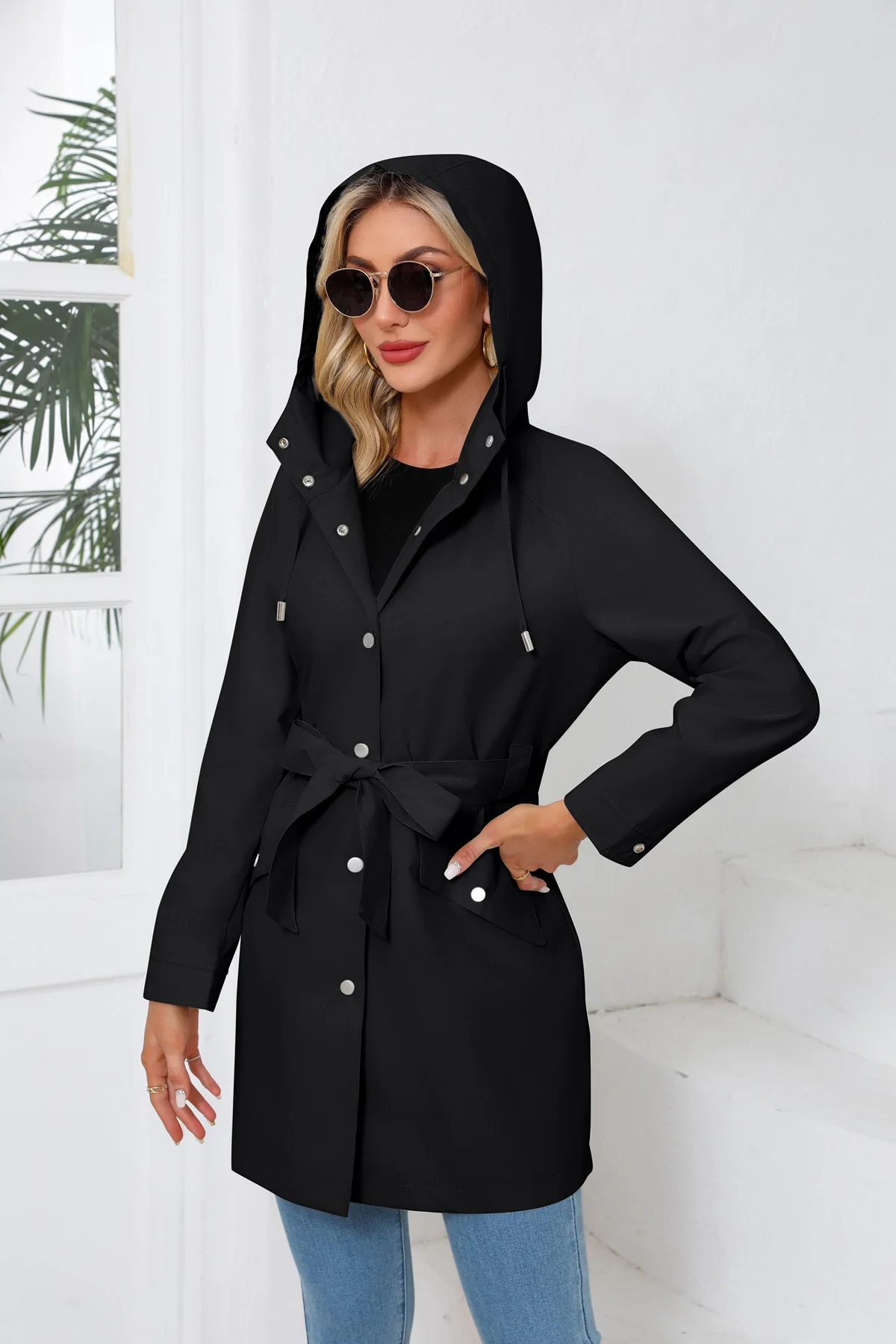Spring Autumn New Hooded Water-repellent Jacket with Belt Thin Casual Loose Trench Coat Women Windbreaker