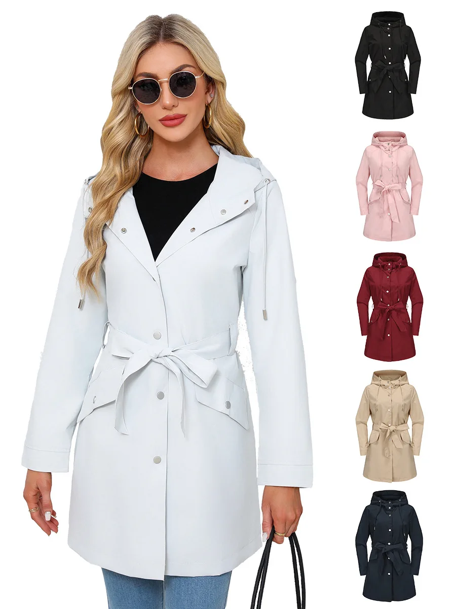 Spring Autumn New Hooded Water-repellent Jacket with Belt Thin Casual Loose Trench Coat Women Windbreaker