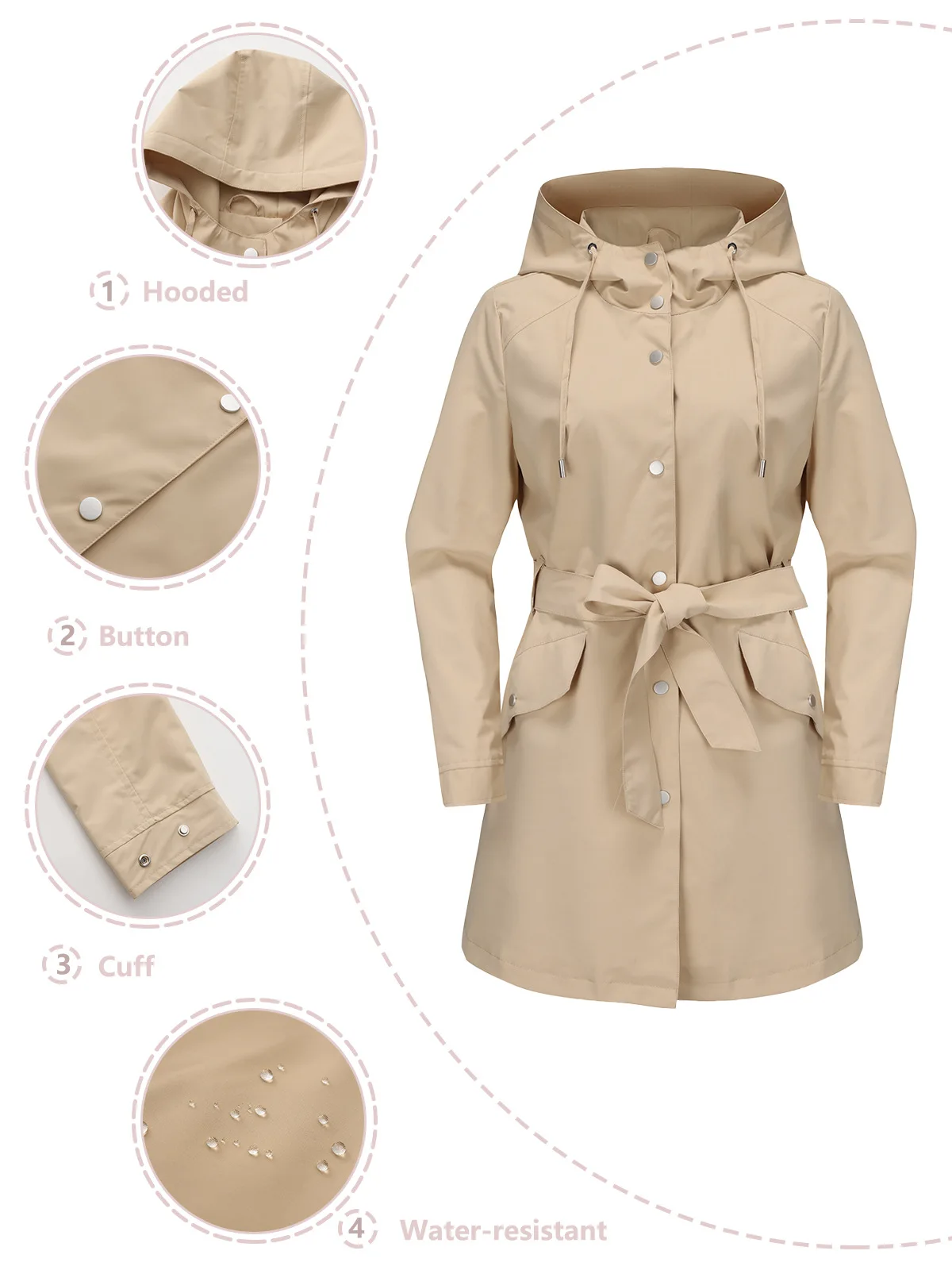 Spring Autumn New Hooded Water-repellent Jacket with Belt Thin Casual Loose Trench Coat Women Windbreaker