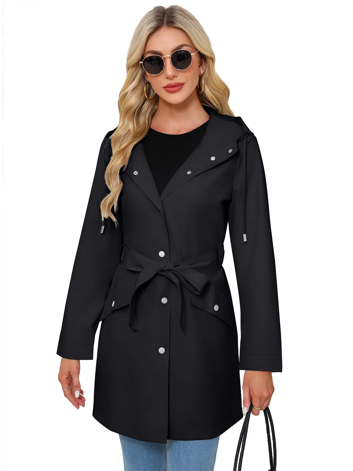 Spring Autumn New Hooded Water-repellent Jacket with Belt Thin Casual Loose Trench Coat Women Windbreaker