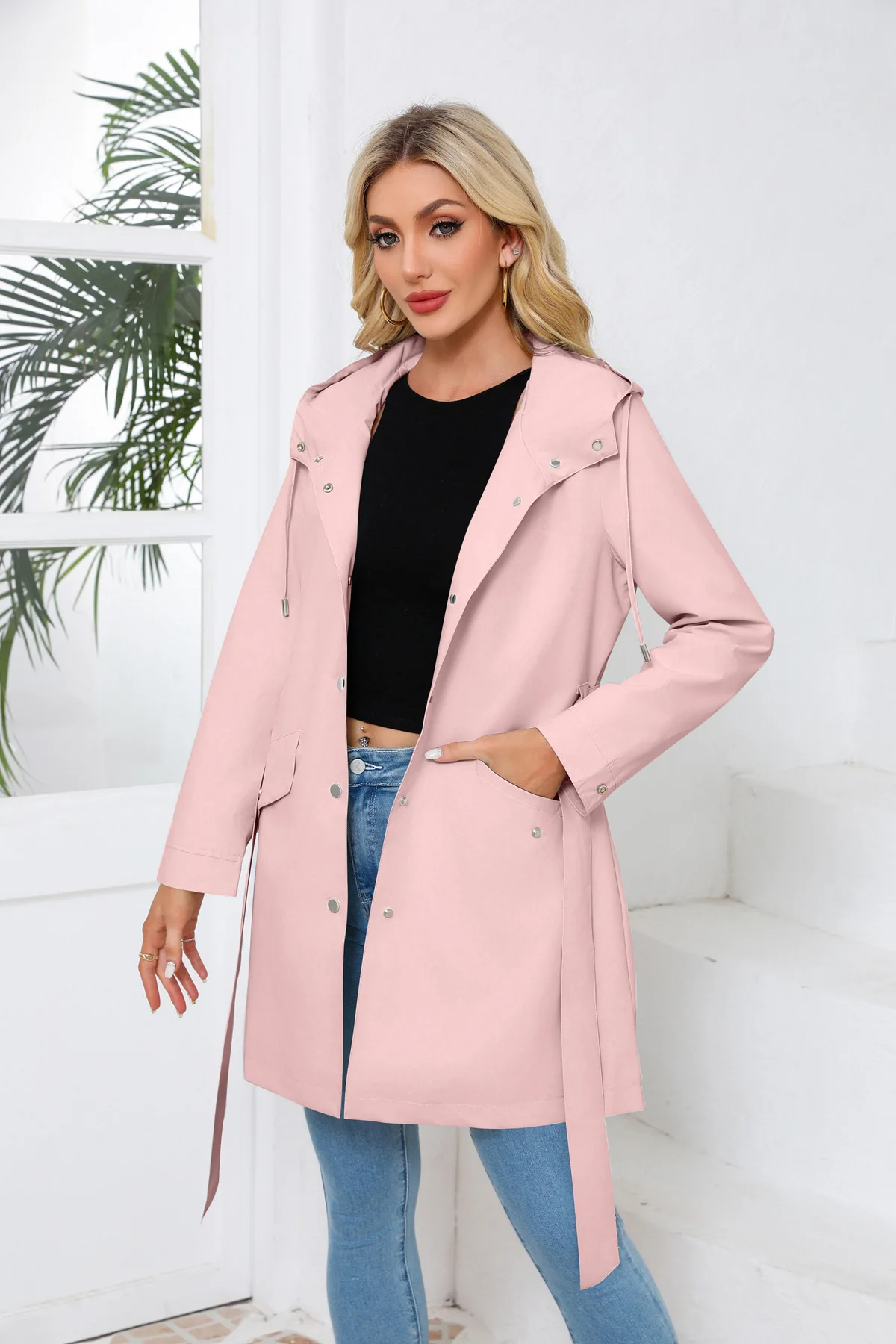 Spring Autumn New Hooded Water-repellent Jacket with Belt Thin Casual Loose Trench Coat Women Windbreaker