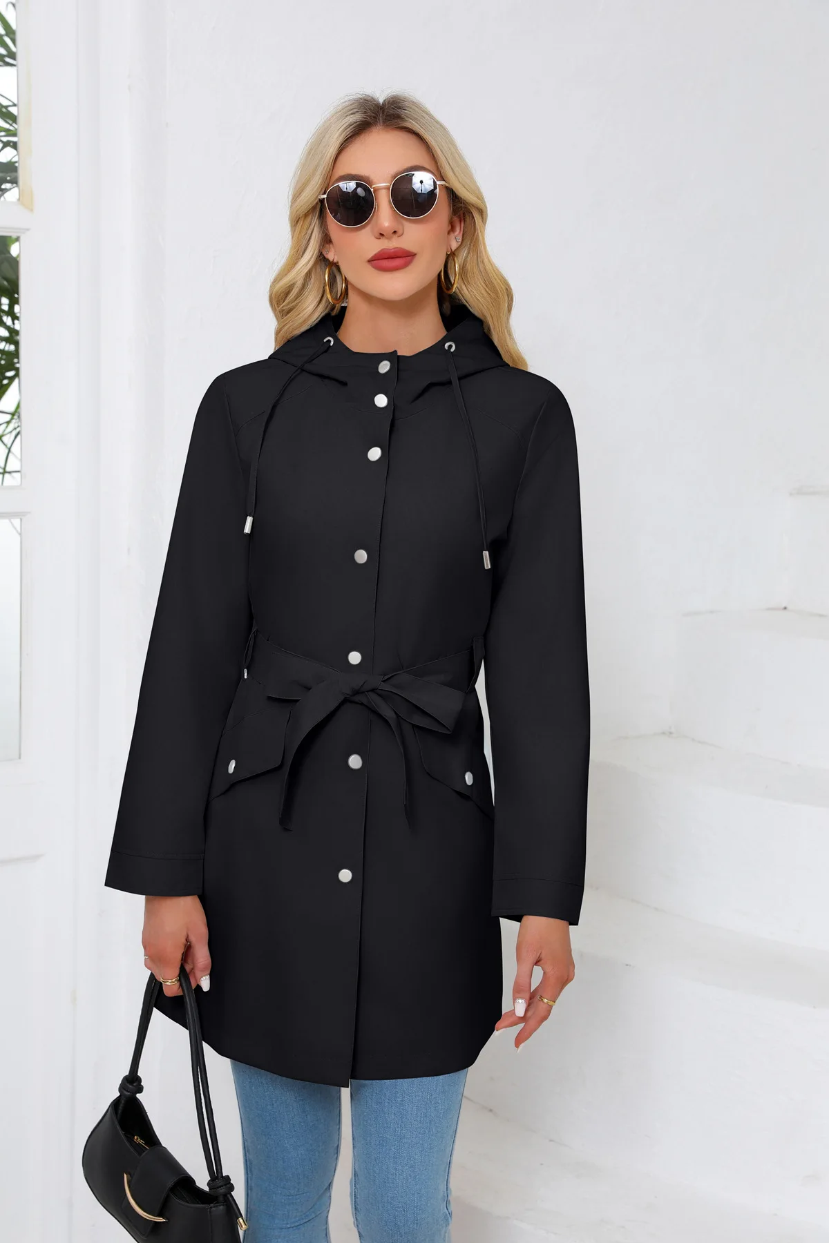 Spring Autumn New Hooded Water-repellent Jacket with Belt Thin Casual Loose Trench Coat Women Windbreaker