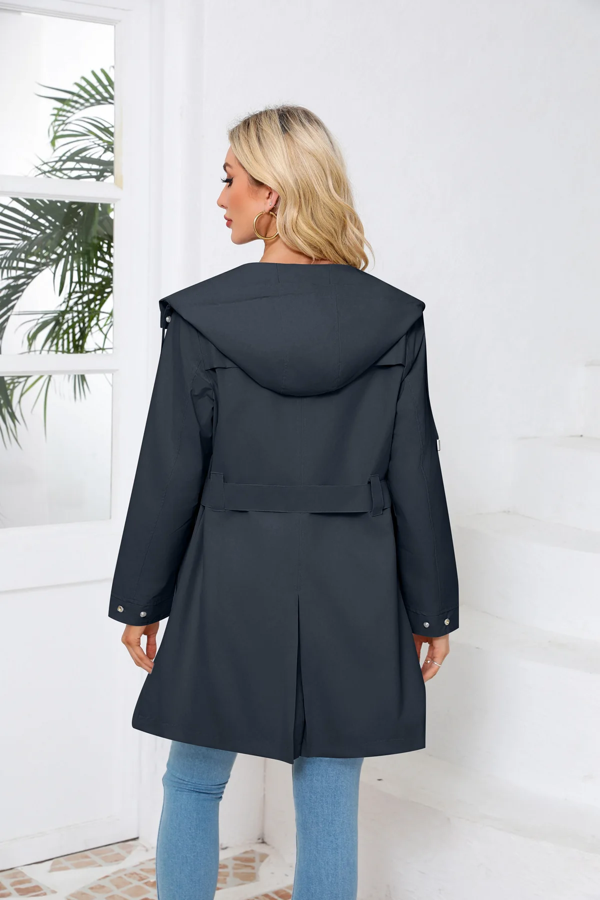 Spring Autumn New Hooded Water-repellent Jacket with Belt Thin Casual Loose Trench Coat Women Windbreaker
