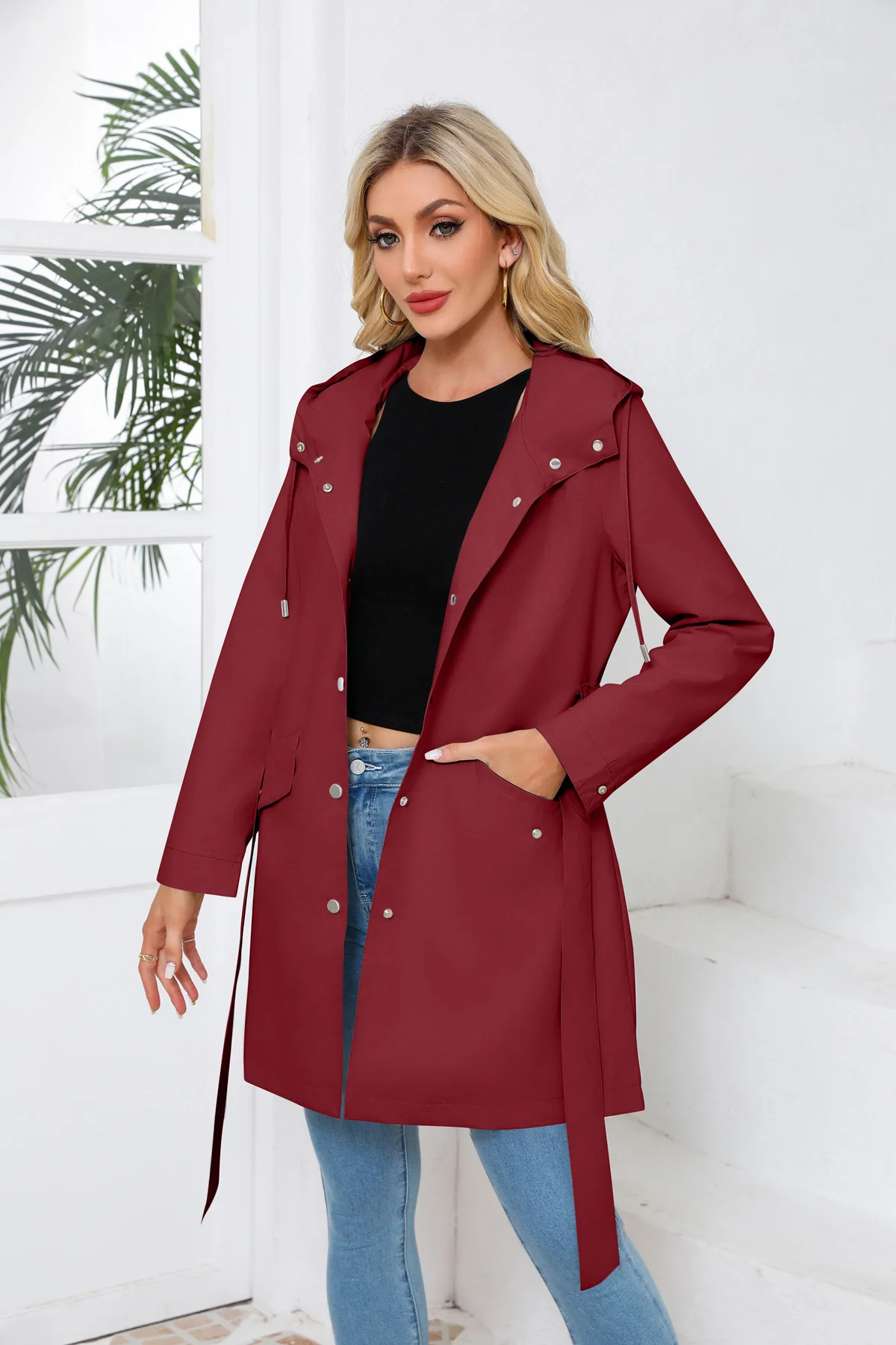 Spring Autumn New Hooded Water-repellent Jacket with Belt Thin Casual Loose Trench Coat Women Windbreaker
