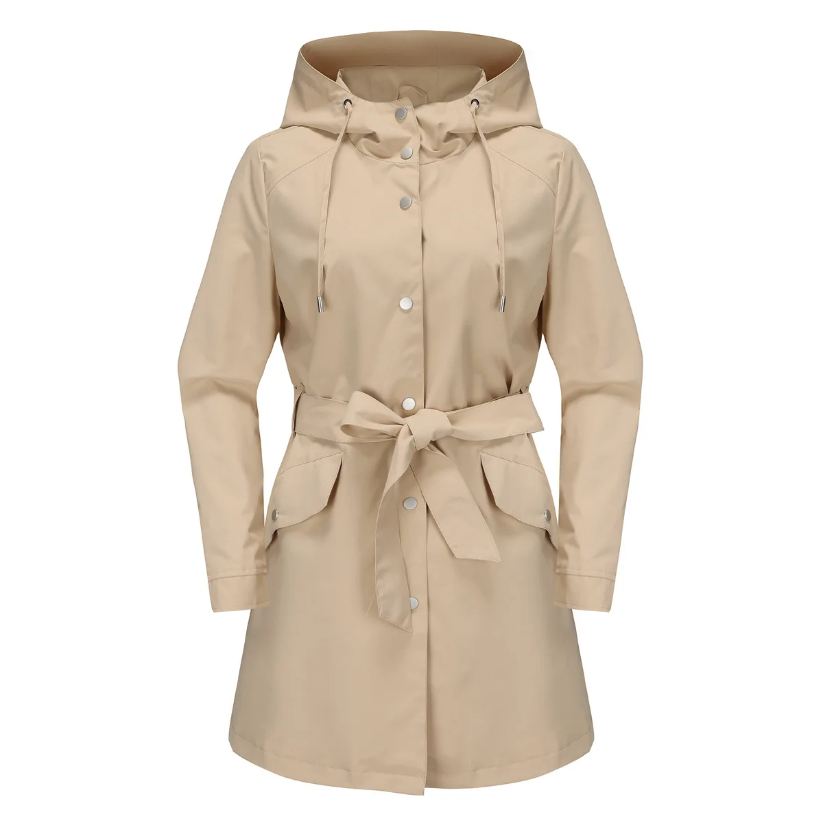 Spring Autumn New Hooded Water-repellent Jacket with Belt Thin Casual Loose Trench Coat Women Windbreaker