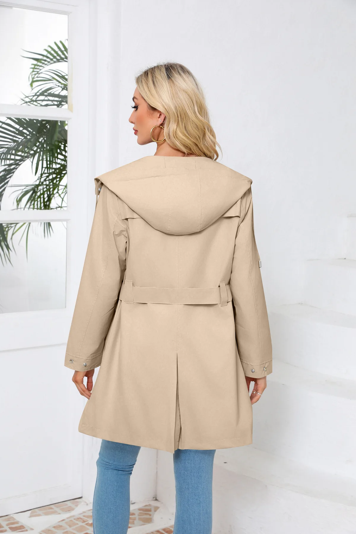 Spring Autumn New Hooded Water-repellent Jacket with Belt Thin Casual Loose Trench Coat Women Windbreaker