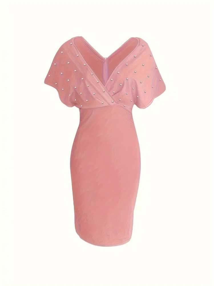 Wmstar Dress Women 2024 Solid Color Strapless V Neck Half Sleeve Back Zipper Bubble Bead Fashion Dresses Wholesale Dropshipping