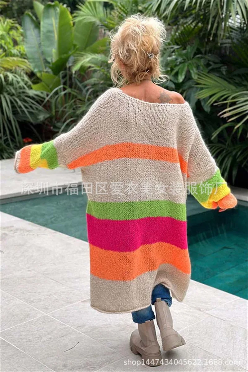 Rainbow Stripe Extra Long Knitted Sweaters Women Fashion Loose V-neck Knitting Maxi Pullover Sweater Female Autumn Winter New