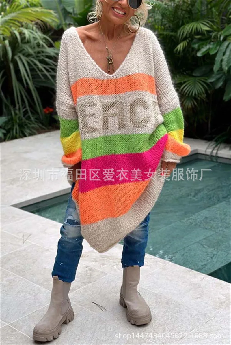 Rainbow Stripe Extra Long Knitted Sweaters Women Fashion Loose V-neck Knitting Maxi Pullover Sweater Female Autumn Winter New
