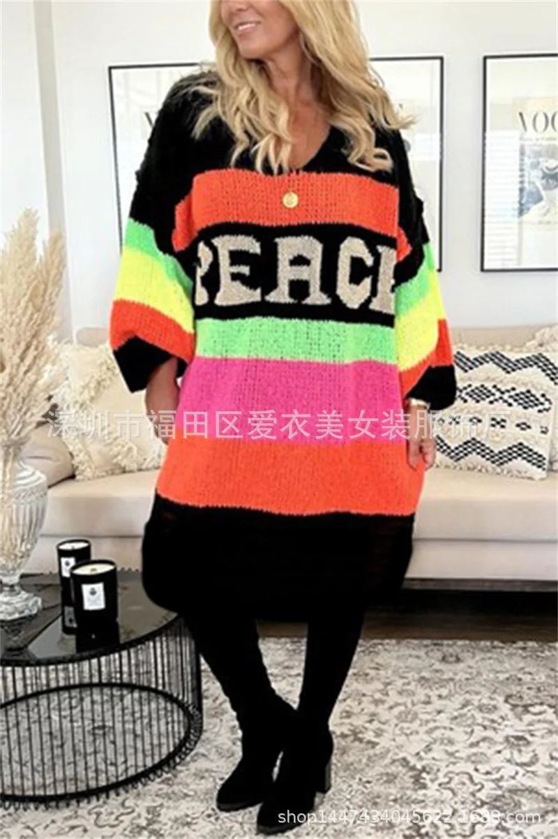 Rainbow Stripe Extra Long Knitted Sweaters Women Fashion Loose V-neck Knitting Maxi Pullover Sweater Female Autumn Winter New